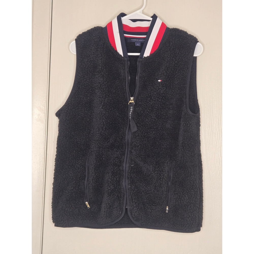 Tommy Hilfiger Womens Navy Sherpa Fleece Vest Striped Collar Full Zip Size M
